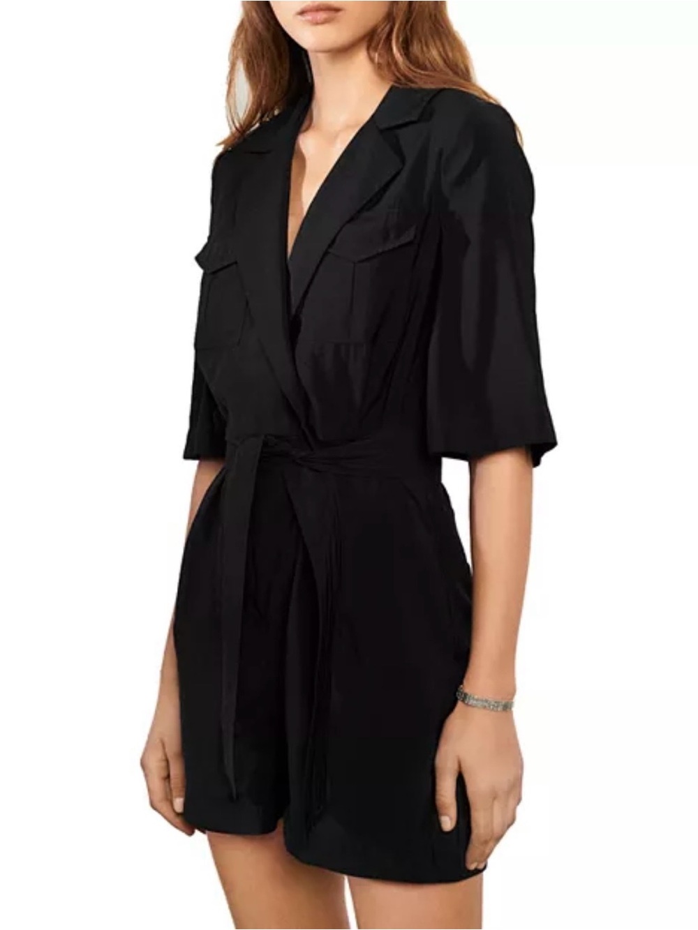 ba&sh Calia Belted Romper Black Short Sleeve Utility Tie-Waist Romper Size S